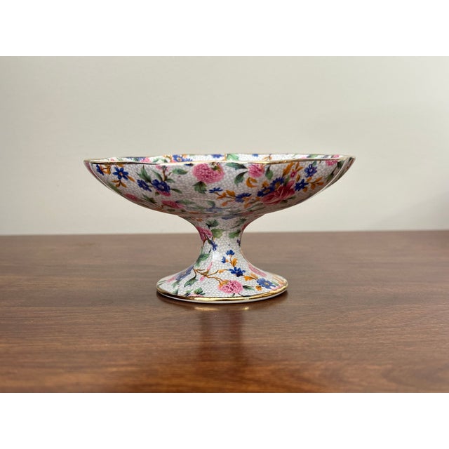 A charming miniature compote by Grimwades of Stoke-on-Trent, England, decorated in the colorful Old Cottage Chintz...