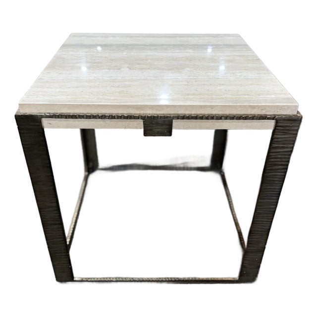 Lexington Laural Canyon Tan Travertine Top & Brush Metal Frame "Stone Canyon" Side Table For Sale