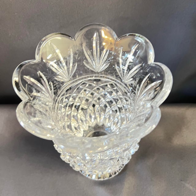 Glass Vintage Heavy Crystal Pineapple Pattern Footed Vase With Scalloped Rim For Sale - Image 7 of 10