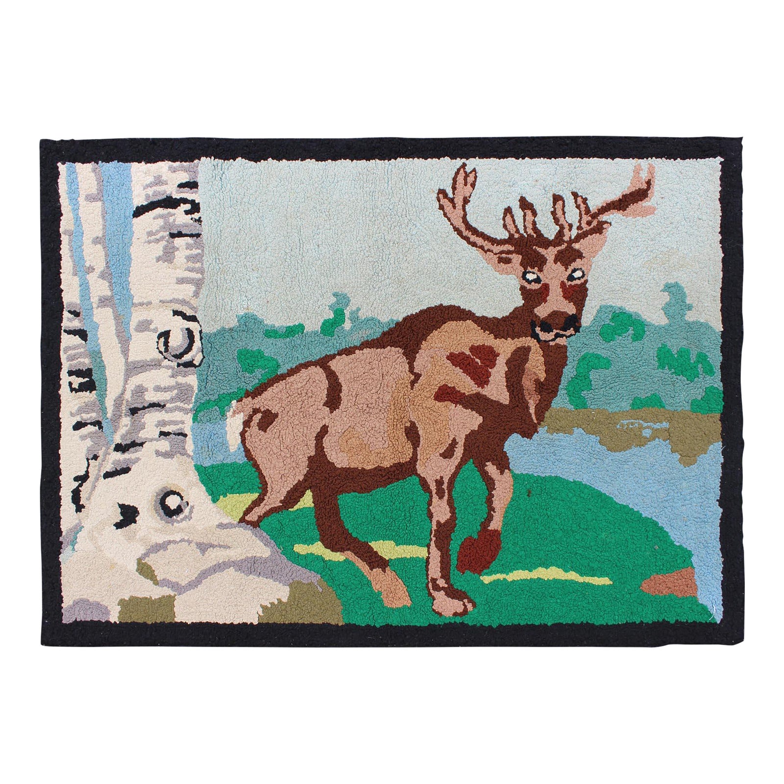 American Hooked Rug With a Bull Elk in Aspen Trees Setting 2'9