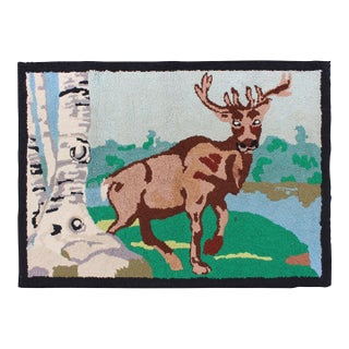 American Hooked Rug With a Bull Elk in Aspen Trees Setting 2'9" X 3'11" For Sale