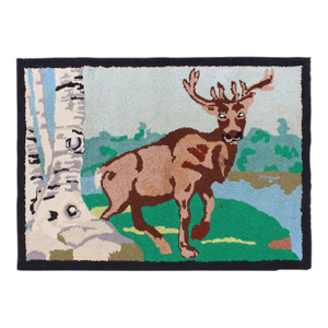 American Hooked Rug With a Bull Elk in Aspen Trees Setting 2'9" X 3'11"