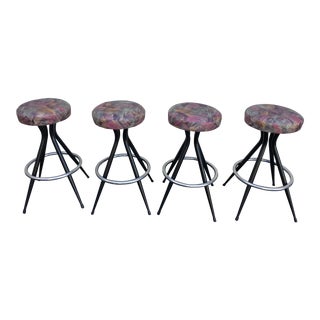 1950s Mid Century Modern Patterened Swivel Bar Stools - Set of 4 For Sale