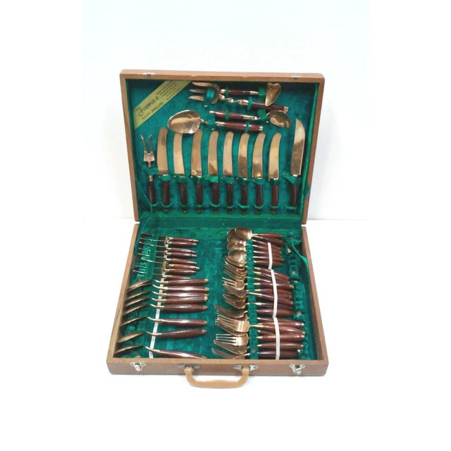 Vintage Rosewood Bronze Flatware Set-Service for 8 Teak Case Bangkok For Sale - Image 11 of 11
