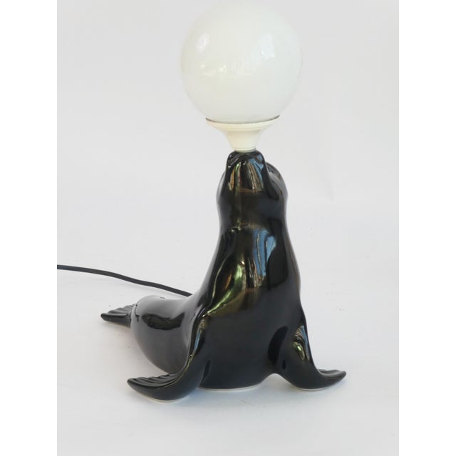 Mid-Century Black Ceramic Glazed Seal Table Lamp Lamp with White Globe, 1960s For Sale - Image 4 of 6