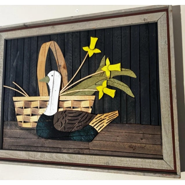 This lathe-art panel is painted wood construction with applied cut-wood relief elements on vertical-plank background,...