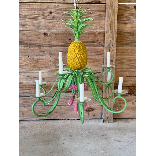 Vintage Whimsical Coastal Regency Pineapple Tole Nine-Light Chandelier For Sale - Image 12 of 12