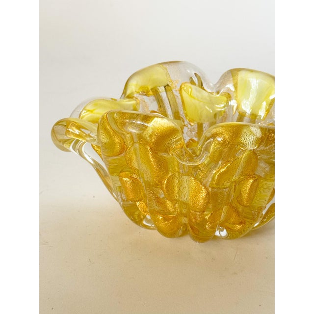 1950s Barovier & Toso Murano Yellow Spots Gold Flecks Italian Art Glass Flower Form Bowl For Sale - Image 12 of 16