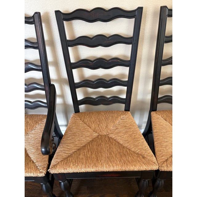 2010s French Country Black Ladder-Back Dining Chairs With Woven Seats (Set of 8) For Sale - Image 5 of 9