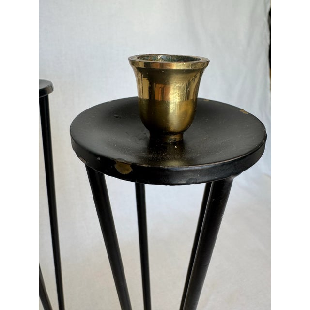 Mid 20th Century A Pair of MId Century Modern Black Metal and Brass Candlesticks For Sale - Image 5 of 10