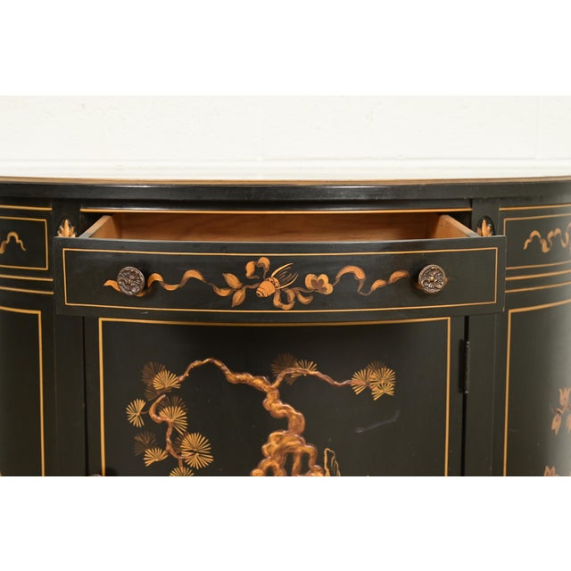 Wood Imperial Furniture Grand Rapids French Regency Chinoiserie Black Lacquered Hand Painted Demilune Cabinet, Circa 1940s For Sale - Image 7 of 16
