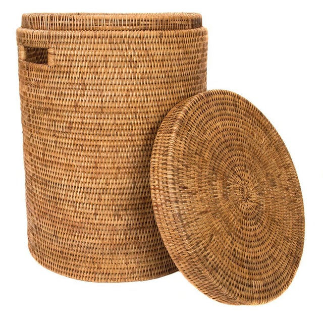 Boho Chic Artifacts Rattan Round Hamper with Lid in Honey Brown For Sale - Image 3 of 8