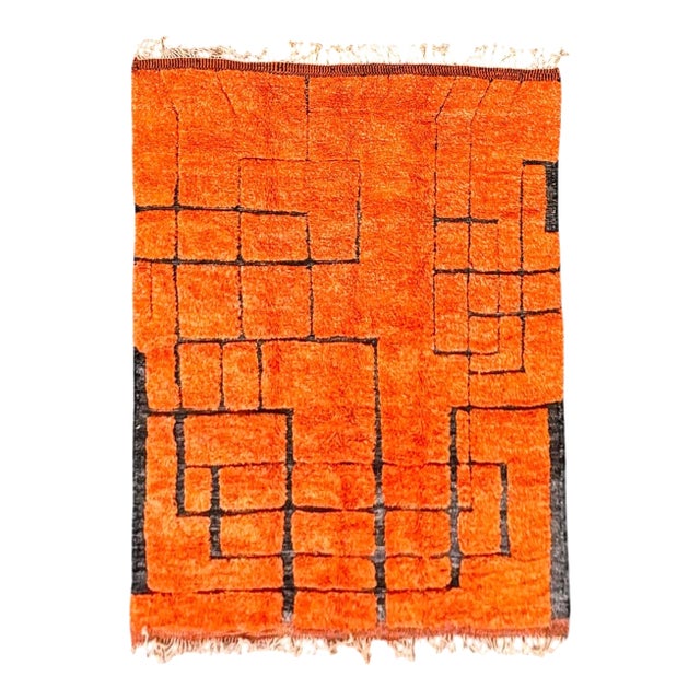 Large Moroccan Beni M'rirt Rug – Hand Knotted Berber Wool Carpet – Orange Geometric Atlas Design For Sale