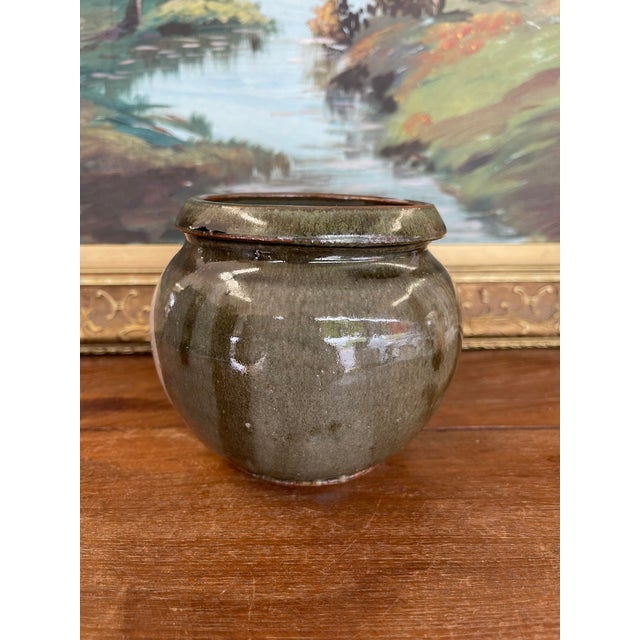 1970s Vintage Studio Pottery Jar With Glazed Bird Silhouette and Earthy Green Finish For Sale - Image 5 of 9