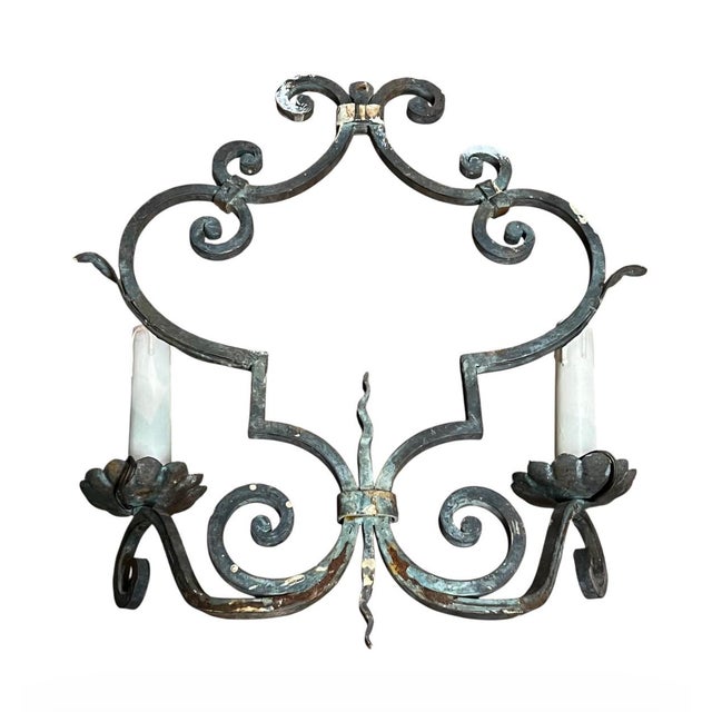 Large Decorative Wrought Iron Wall Sconces, French, circa 1950 - A Pair For Sale - Image 14 of 18