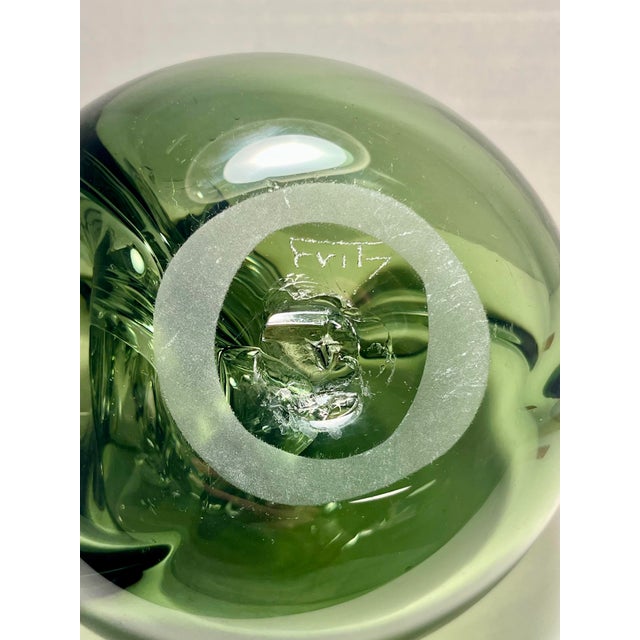 MCM Signed Robert C. Fritz Studio Art Glass Sculpture Olive Green Abstract 6”x6" For Sale - Image 4 of 6