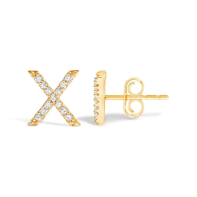 Contemporary 10K Yellow Gold 1/10 Cttw Diamond 'X' Initial Stud Earring For Sale - Image 3 of 5