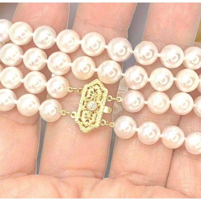 White 1990s Diamond Akoya Pearl Necklace 8 Mm 14k Gold 17 in 2-Strand Certified For Sale - Image 8 of 16