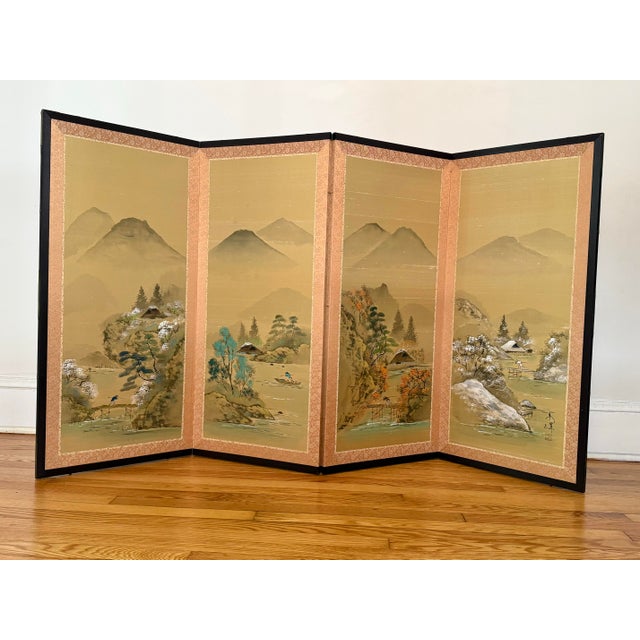 Japanese Japanese Showa Period Four Panel Byobu Screen of the Changing Seasons For Sale - Image 3 of 10