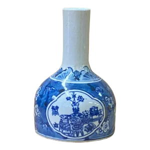 Chinese Blue White Porcelain Fat Base Flowers Graphic Small Vase - Set of 2