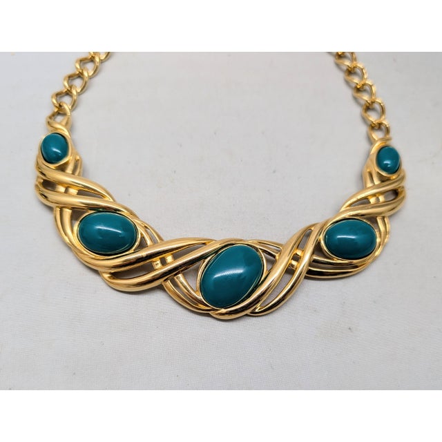 Vintage 1990s Signed Monet Goldtone Cabochon Faux-Green Jasper Collar Necklace For Sale - Image 9 of 9