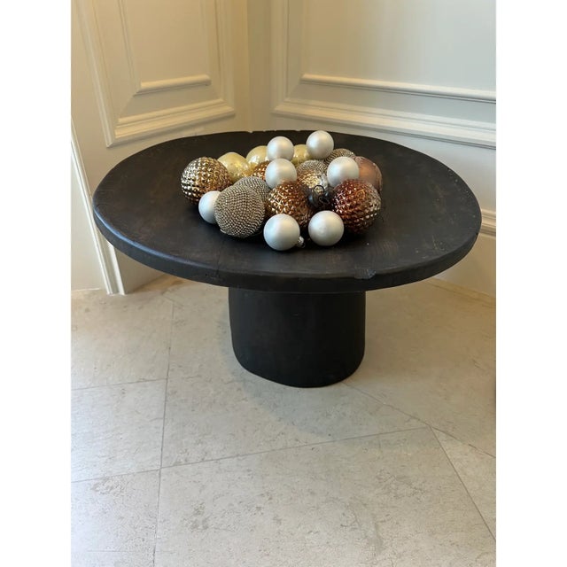 Vintage 22” Black Cerused Wood Low Table With Brass Accents For Sale - Image 14 of 16
