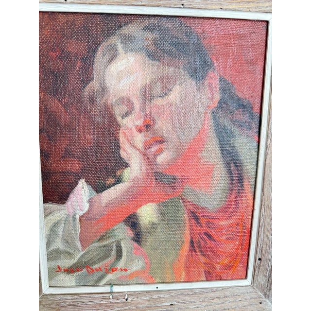 Joso Buzan 1873-1936 Croatia Signed Oil on Canvas Girl Resting Her Head on Her Hand with Eyes Closed Portrait Painting