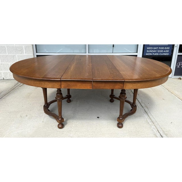Brown 7 Piece j.b. Van Sciver Co. Refinished Antique Oak Round Dining Set With Two Leaves For Sale - Image 8 of 18