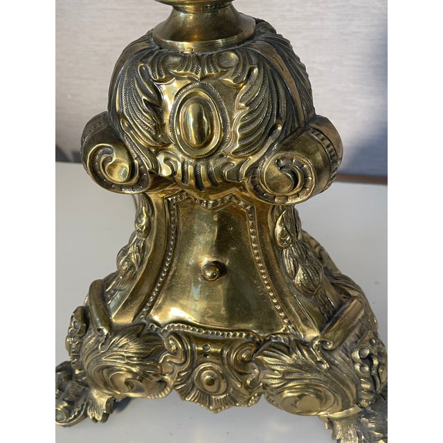 Metal Antique Palatial Baroque Style Brass Lamps With Brass Shades - a Pair For Sale - Image 7 of 12