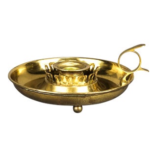 Antique Oversized Solid Brass Candle Holder With Drip Tray and Handle For Sale