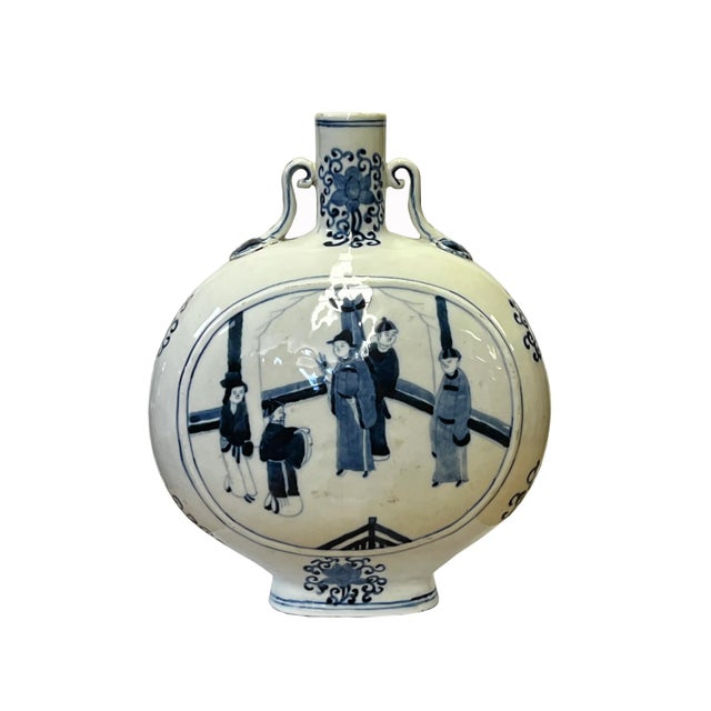 Chinese Blue White Porcelain Oval Flat Body People Theme Vase For Sale In San Francisco - Image 6 of 6