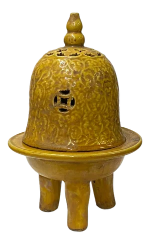 Chinese Yellow Mustard Rustic Ceramic Ding Incense Burner Display