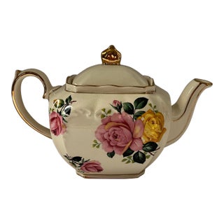 Vintage Sadler Cube Teapot With Pink and Yellow Cabbage Roses Gold Embossed Handle & Spout For Sale