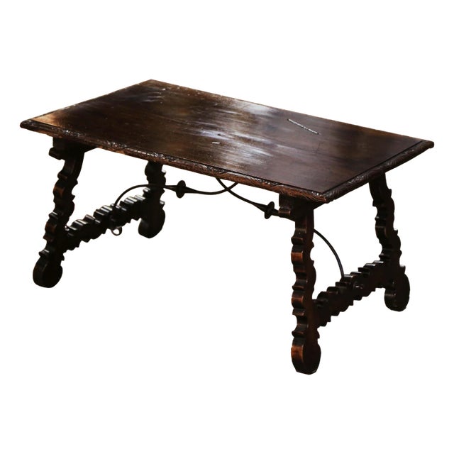 18th Century Spanish Baroque Carved Walnut Coffee Table With Iron Stretcher For Sale