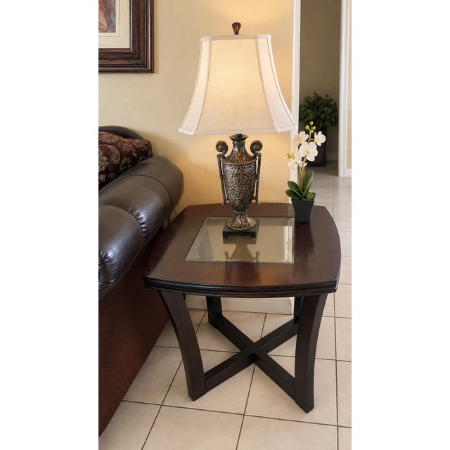 Traditional Traditional Dark Wood & Glass Coffee Table and End Table Set For Sale - Image 3 of 4