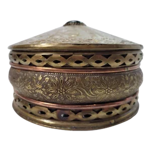 Vintage Hammered Brass With Copper Band & Emerald Green Jewel Round Box