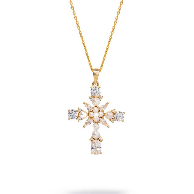 Divine Pearl & Diamond Cross Gold Chain Necklace For Sale - Image 10 of 10