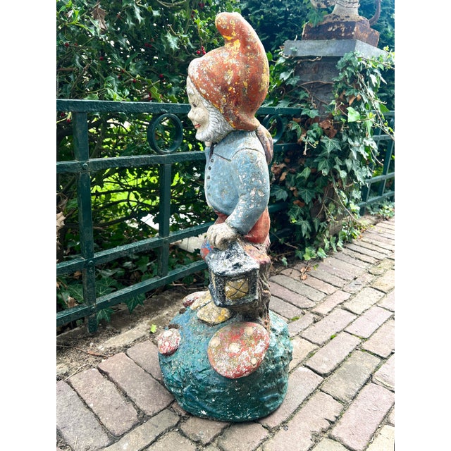 Vintage Concrete Garden Gnome with Weathered Polychrome Paint, 1950s For Sale - Image 6 of 13