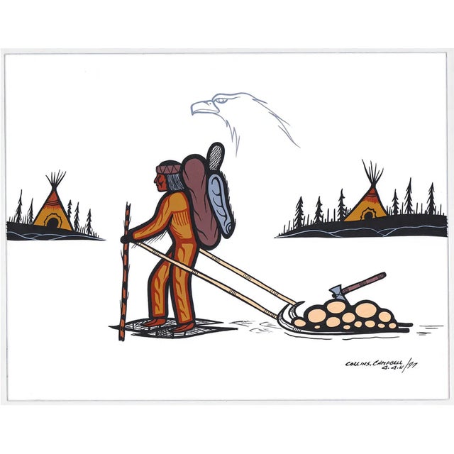 Collins Campbell (Canadian/Ojibwe/First Nations, 1961-2022) acrylic on board of a man snow shoeing and pulling newly...
