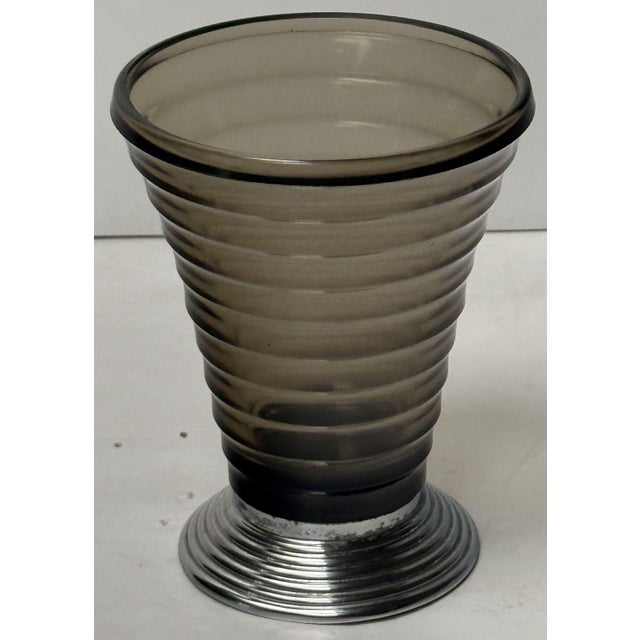 Ebony Art Deco Vases of Ribbed Smoked Glass and Chrome - From France (Two Available) For Sale - Image 8 of 15