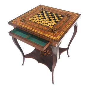 Very Fine Antique Dated 1910 Inlay Checkerboard Two Tier Game Table Very Clean