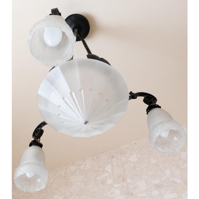 1920s French Provincial Wrought Iron Ceiling Light with Frosted Glass, 1900s For Sale - Image 5 of 8