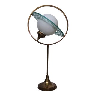 Vintage Art Deco Saturn Brass Floor Table Lamp with Milk Glass Shade Lamp For Sale