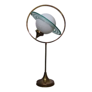 Vintage Art Deco Saturn Brass Floor Table Lamp with Milk Glass Shade Lamp
