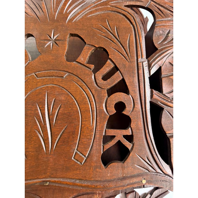 Large Antique Victorian Carved Wood Good Luck Wall Pocket Magazine Rack For Sale - Image 4 of 12