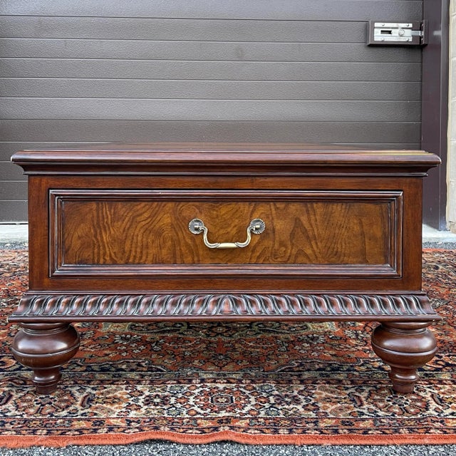 Ethan Allen Townhouse Collection British Colonial Maple & Burlwood 2 Drawer Leather Top Coffee Table For Sale - Image 11 of 12