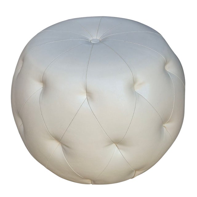 Textile Late 20th Century Mid Century Modern White Faux Leather Round Puff Ottoman Stool For Sale - Image 7 of 7