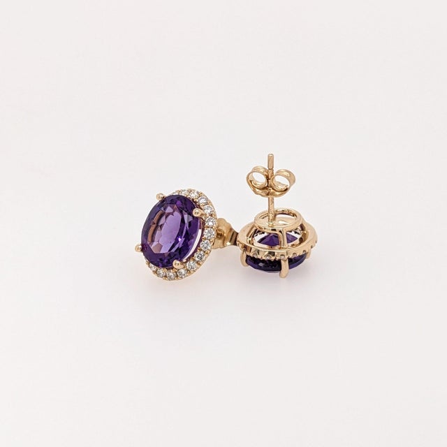 Purple 5ct Oval Amethyst Diamond Stud Earrings: Solid 14k Gold, Oval 10x8mm, Pair For Sale - Image 8 of 9