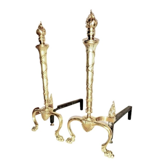 Neoclassical Polished Brass 1920s French Neoclassical Torch Flame Top 21" Fireplace Andirons For Sale - Image 3 of 4