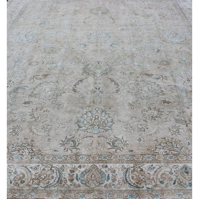 Traditional Vintage Tabriz Rug With Soft Floral Medallion Design in Neutral Distressed Tones 9'8 X 12'6 For Sale - Image 3 of 15